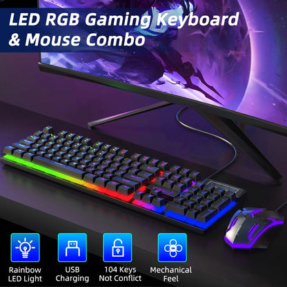 Gaming Keyboard & Mouse, 104 Keys Rainbow LED RGB Backlit Quiet Computer Keyboard, Multimedia Keys, 26 Anti-Ghosting Keys, Waterproof Light up USB Wired Keyboard for PC Gamers Desktop Computer Laptop