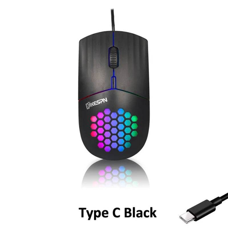 1600 DPI RGB Backlit Honeycomb Shell Mouse Wired RGB Gaming Mouse Usb/Type C Mice for Computer Ipad Tablet Macbook Air Laptop PC